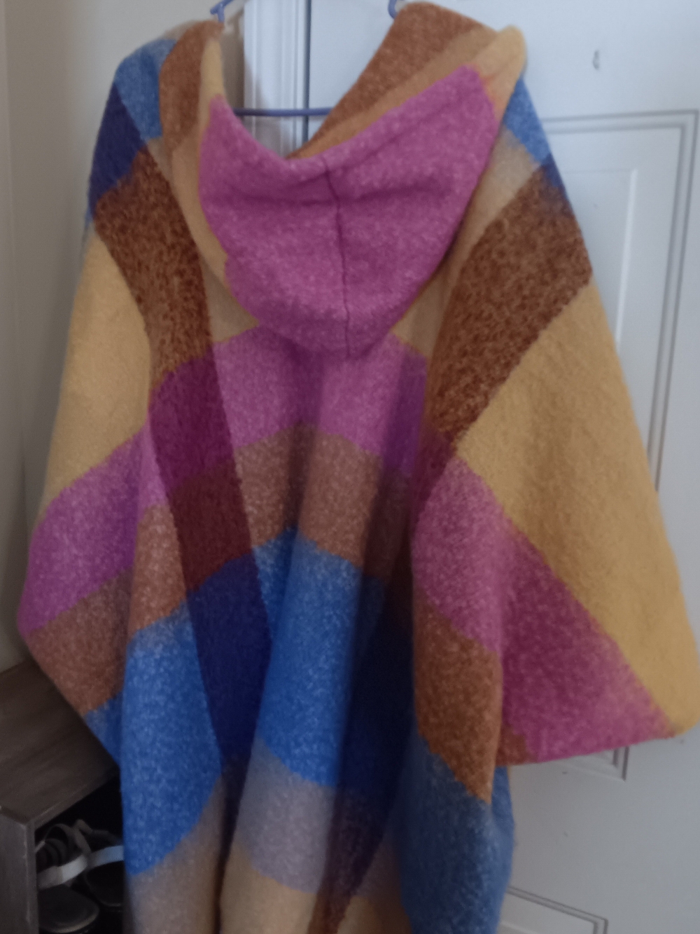 Hooded Colorblock Poncho Sweater - Pink, Blue & Tan